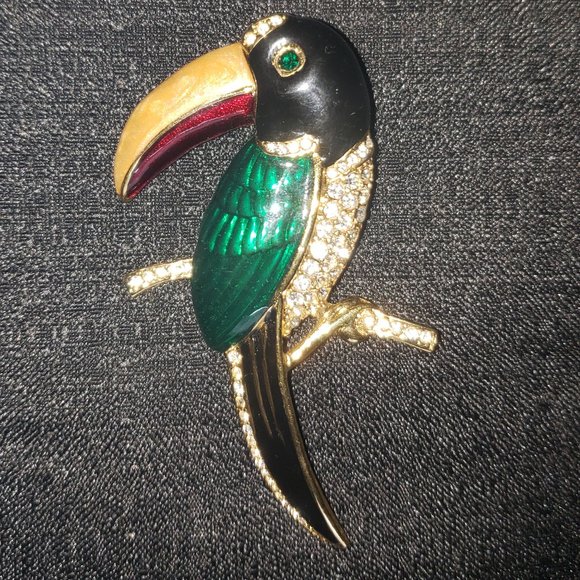 Large Enameled Rhinestone Crystal  Toucan Brooch - Picture 7 of 8